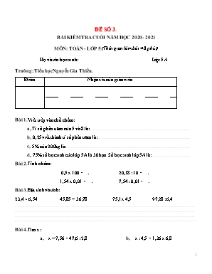 Bài kiểm tra Cuối năm môn Toán Lớp 5 - Đề số 3 - Năm học 2020-2021 - Tiểu học Nguyễn Gia Thiều